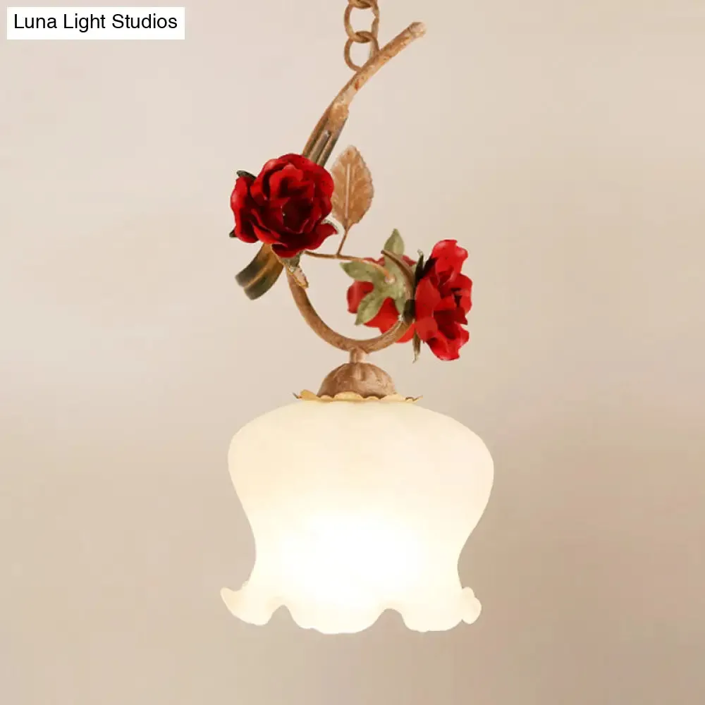 1 Bulb Down Pendant Lamp in Red with Frosted Glass & American Flower Lettuce-Edge Design