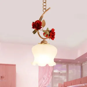 1 Bulb Down Pendant Lamp in Red with Frosted Glass & American Flower Lettuce-Edge Design