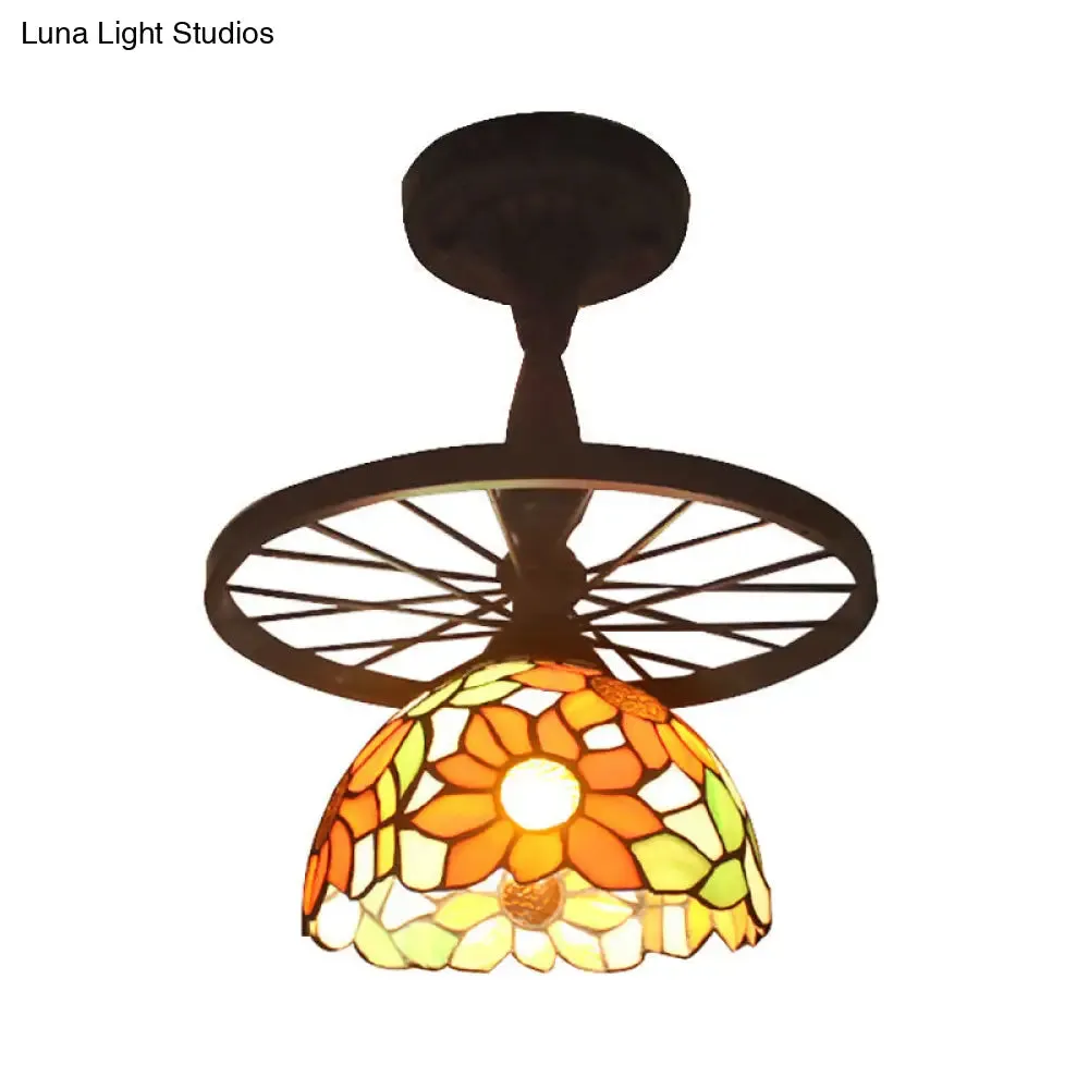 1 Head Tiffany Antique Glass Semi Flush Mount Ceiling Light in Orange for Hallway with Grid Dome Design and Decorative Patterns