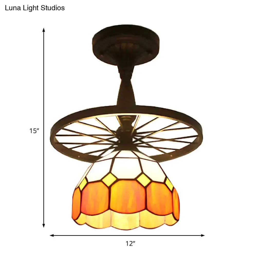 1 Head Tiffany Antique Glass Semi Flush Mount Ceiling Light in Orange for Hallway with Grid Dome Design and Decorative Patterns