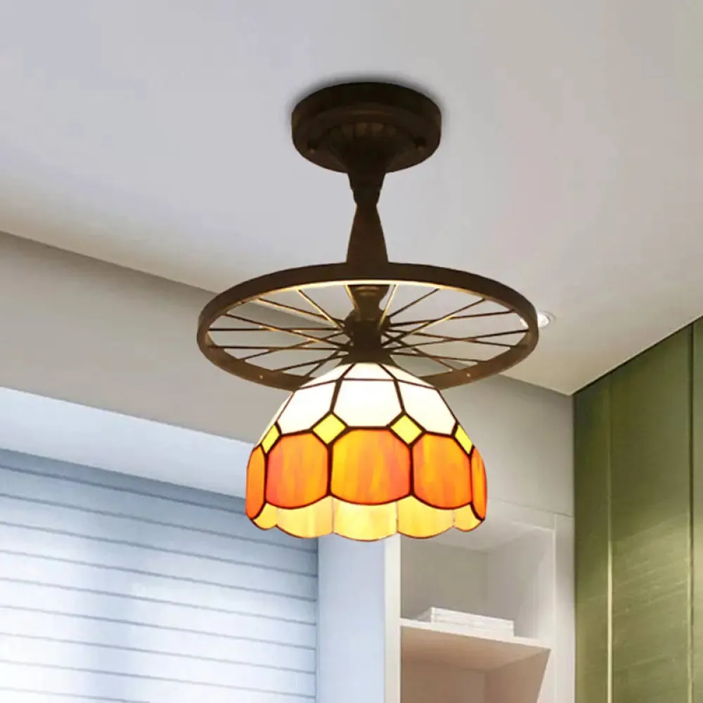 1 Head Tiffany Antique Glass Semi Flush Mount Ceiling Light in Orange for Hallway with Grid Dome Design and Decorative Patterns