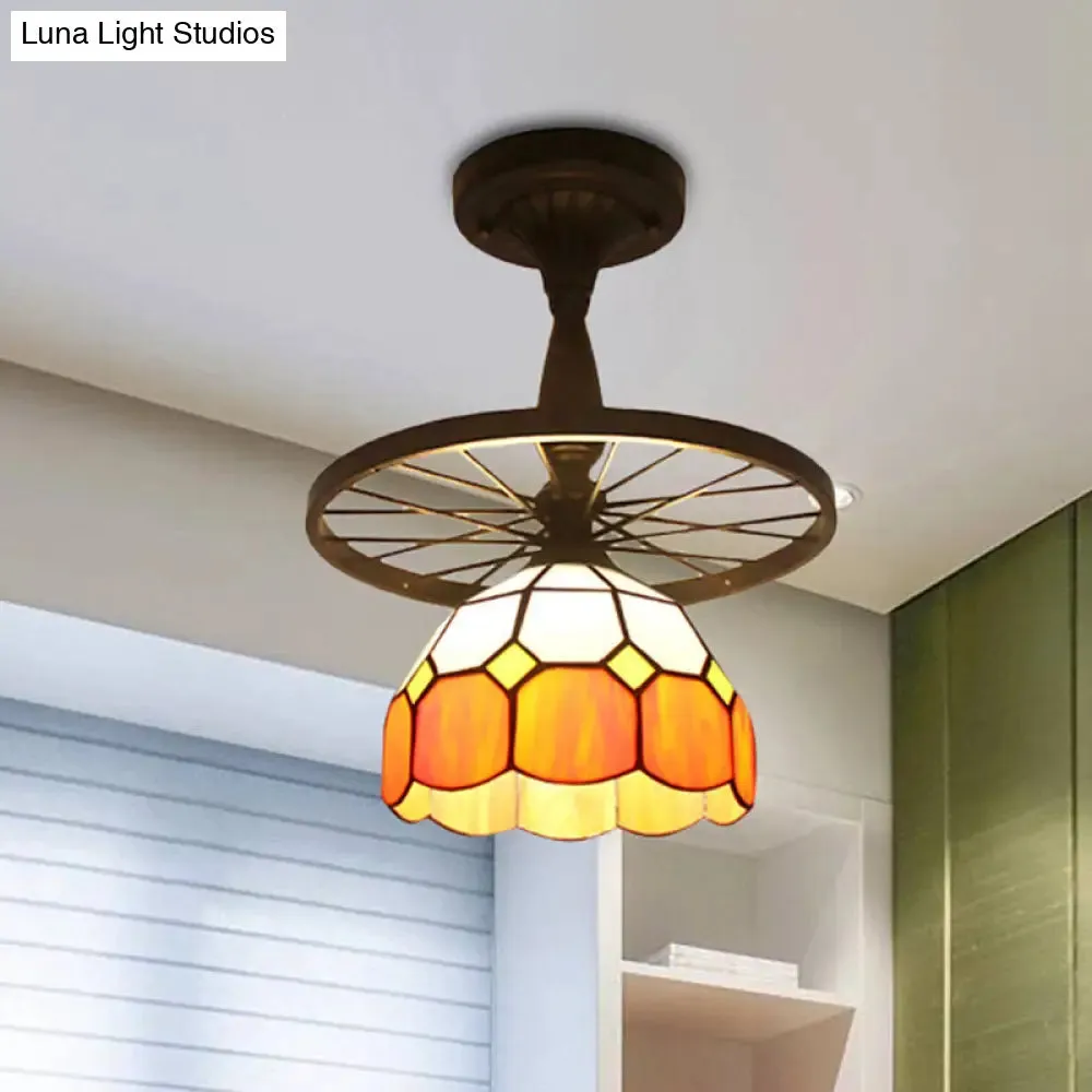 1 Head Tiffany Antique Glass Semi Flush Mount Ceiling Light in Orange for Hallway with Grid Dome Design and Decorative Patterns