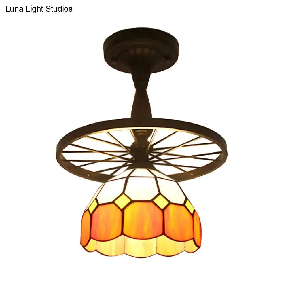 1 Head Tiffany Antique Glass Semi Flush Mount Ceiling Light in Orange for Hallway with Grid Dome Design and Decorative Patterns