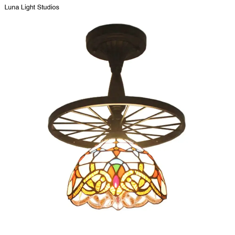 1 Head Tiffany Antique Glass Semi Flush Mount Ceiling Light in Orange for Hallway with Grid Dome Design and Decorative Patterns