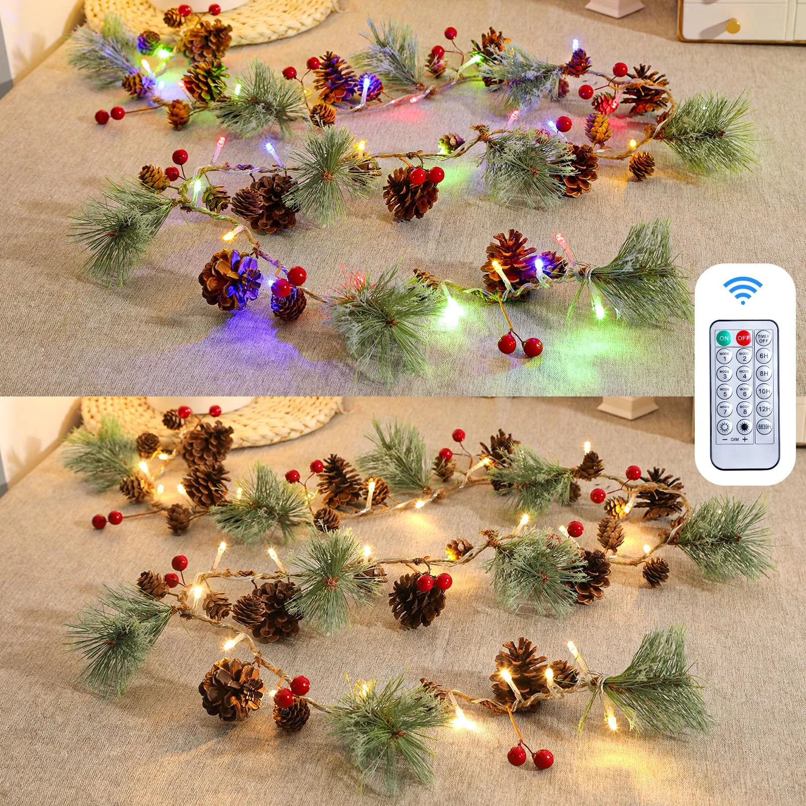 2Pack 6FT Pre-Lit Christmas Wreath with Multi-Color String Lights