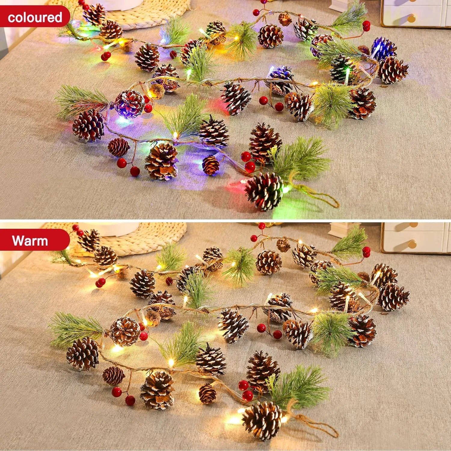 2PCS 6FT Artificial Christmas Garland with Prelit Lights Snow Pine Cone&Red Berry