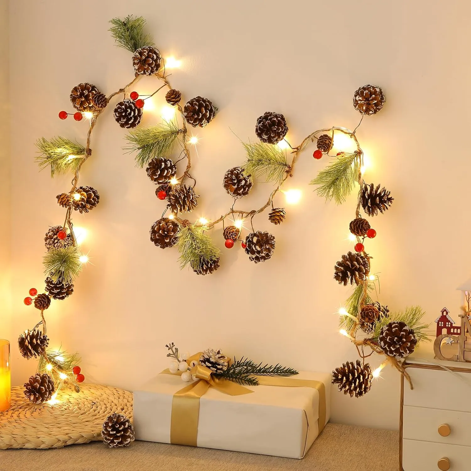 2PCS 6FT Artificial Christmas Garland with Prelit Lights Snow Pine Cone&Red Berry