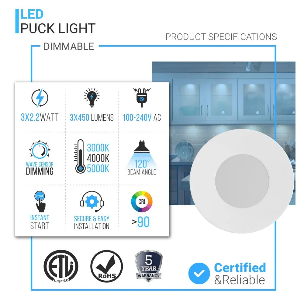 3Pc Magnetic Under Cabinet Puck Lighting Kit W/ 12V Adaptor - Touch Dimmer - 3x2.2 Watts