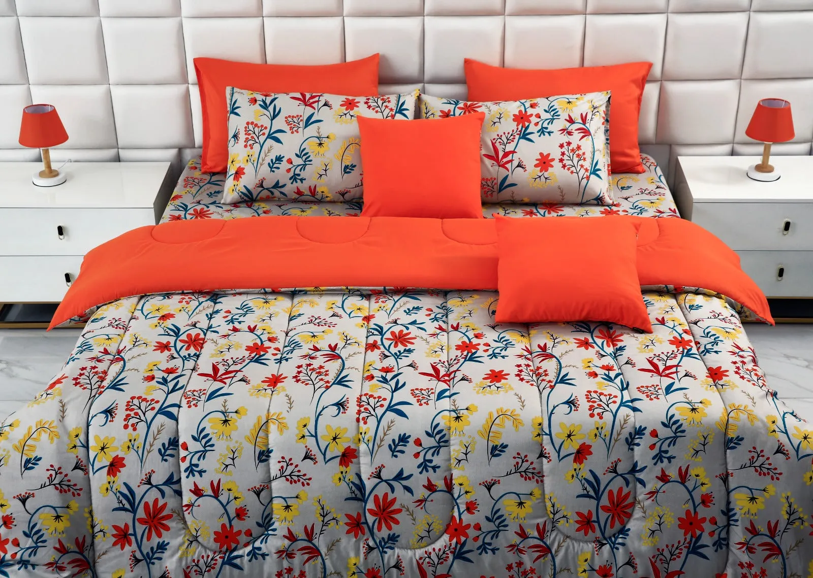 5 PCs Single Comforter Set-15186 Orange Lilly