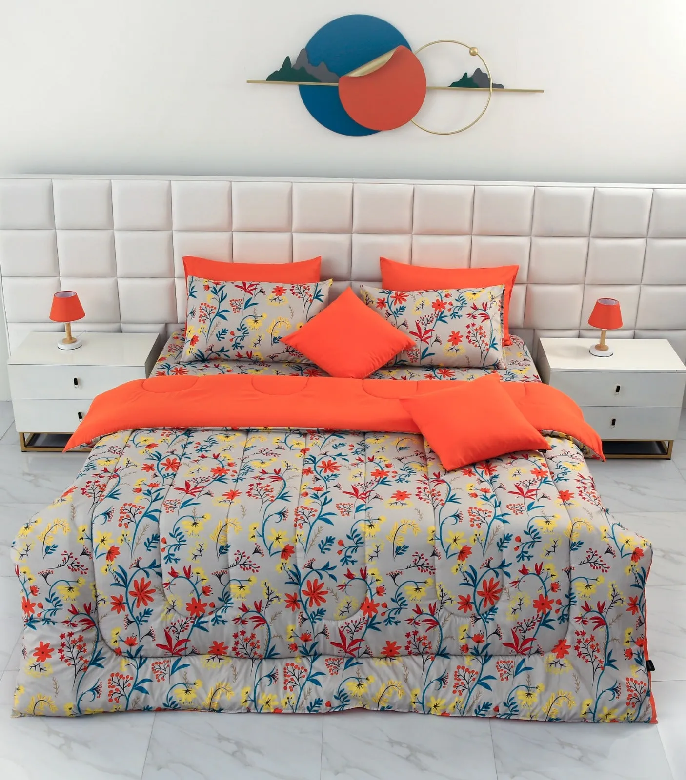 5 PCs Single Comforter Set-15186 Orange Lilly