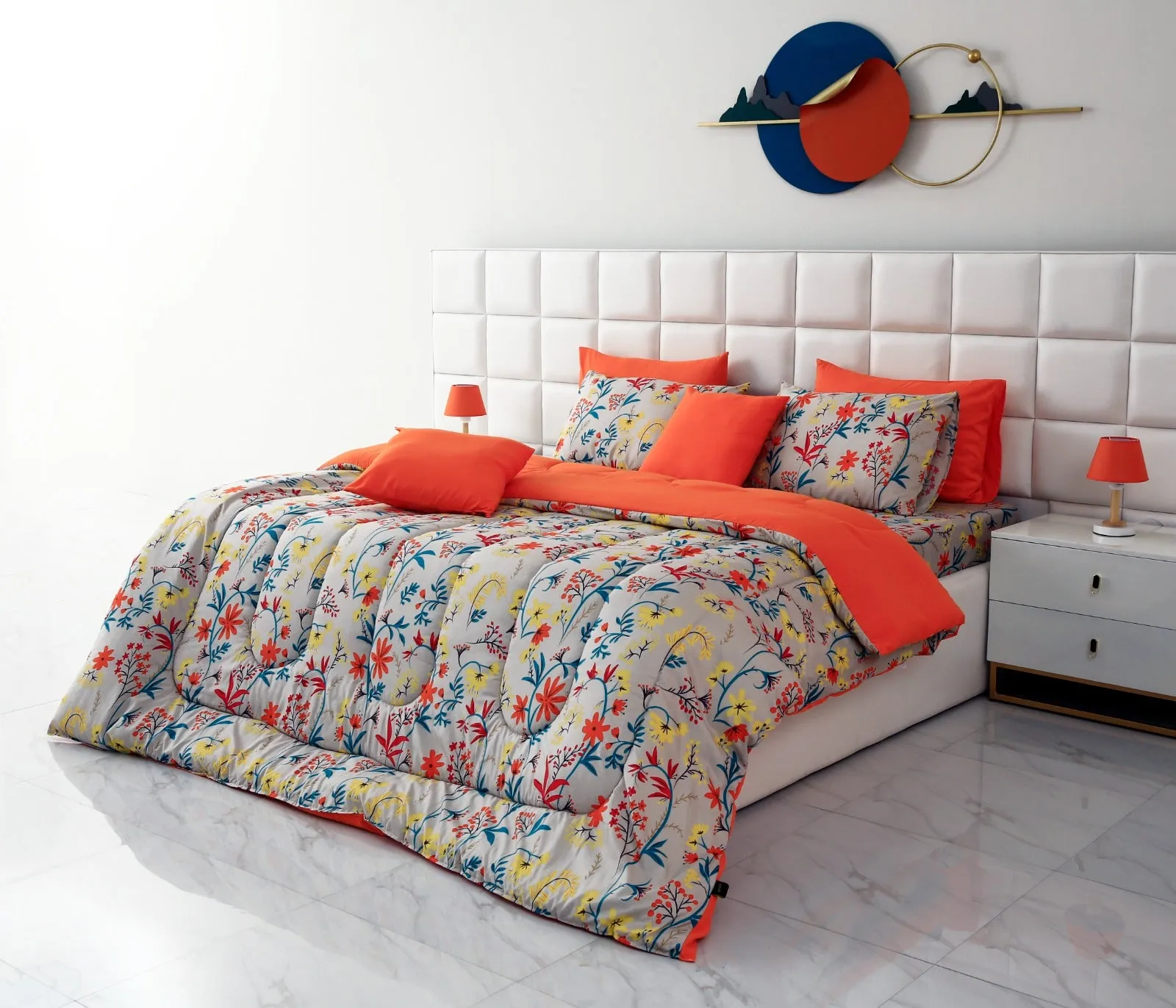 5 PCs Single Comforter Set-15186 Orange Lilly