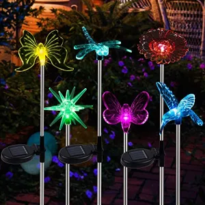 6 Pack Outdoor Solar Figurine Lights, Solar Powered Garden Stake Light, Color Changing LED Landscape Lighting, Sparkling Star Flower Hummingbird Butterfly Dragonfly Bee for Patio Yard Pathway