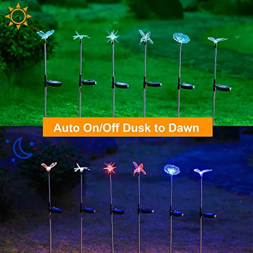 6 Pack Outdoor Solar Figurine Lights, Solar Powered Garden Stake Light, Color Changing LED Landscape Lighting, Sparkling Star Flower Hummingbird Butterfly Dragonfly Bee for Patio Yard Pathway