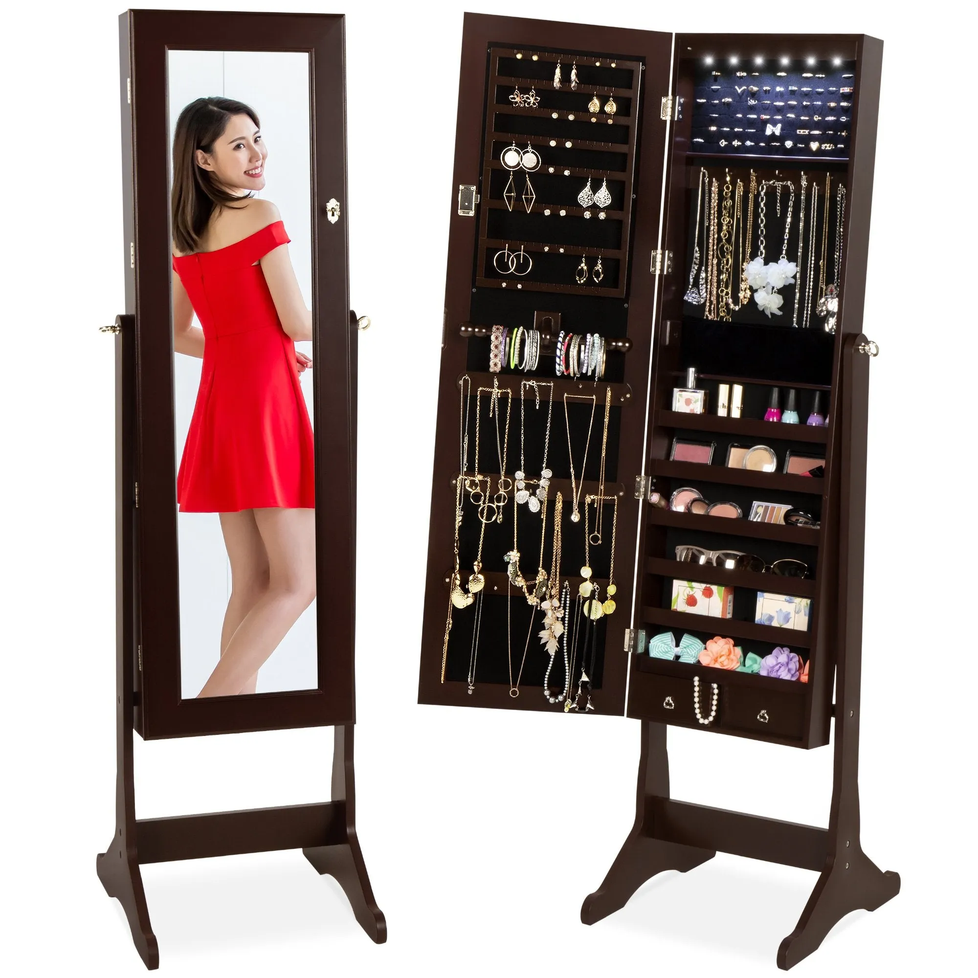 6-Tier Standing Jewelry Mirror Armoire w/ LED Lights