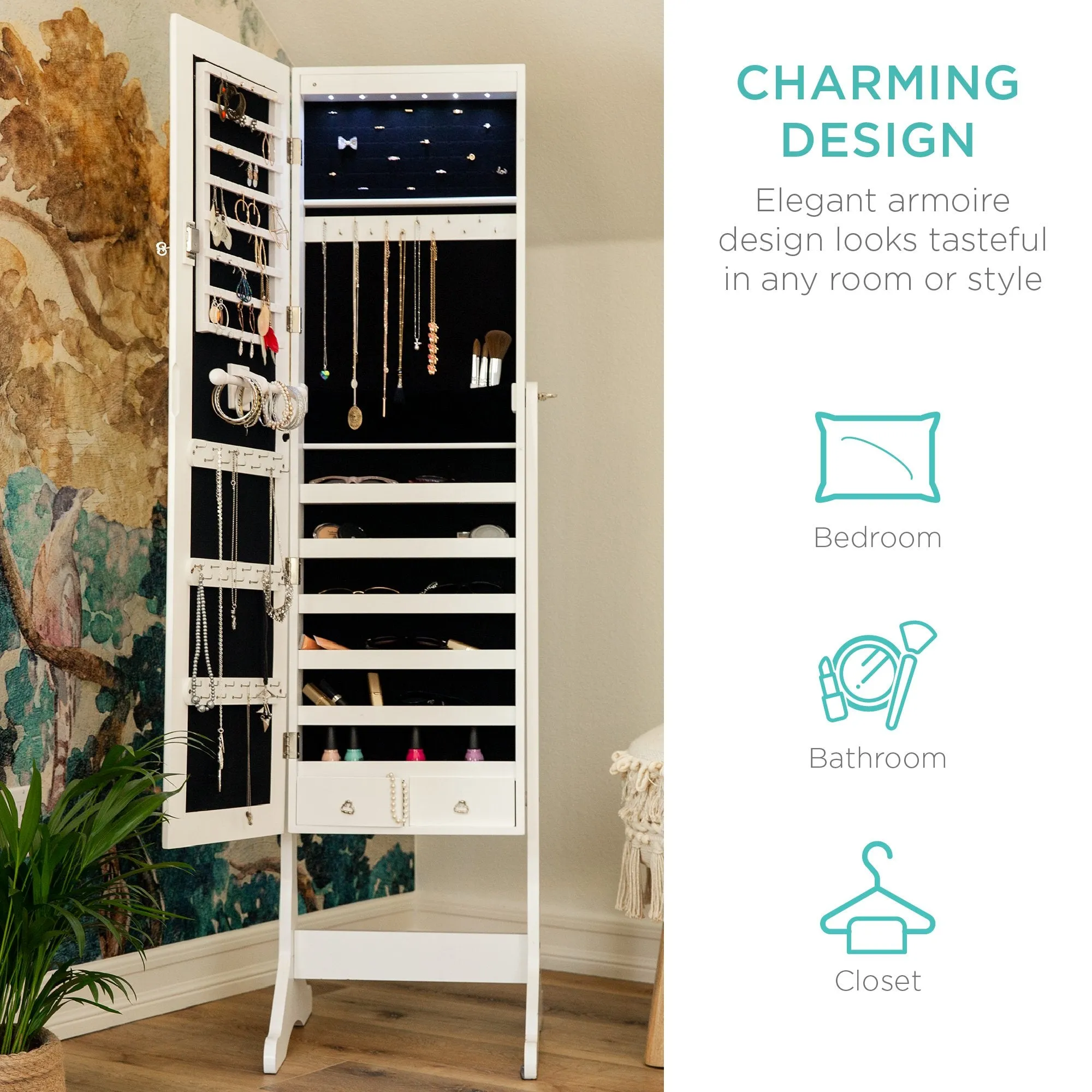 6-Tier Standing Jewelry Mirror Armoire w/ LED Lights