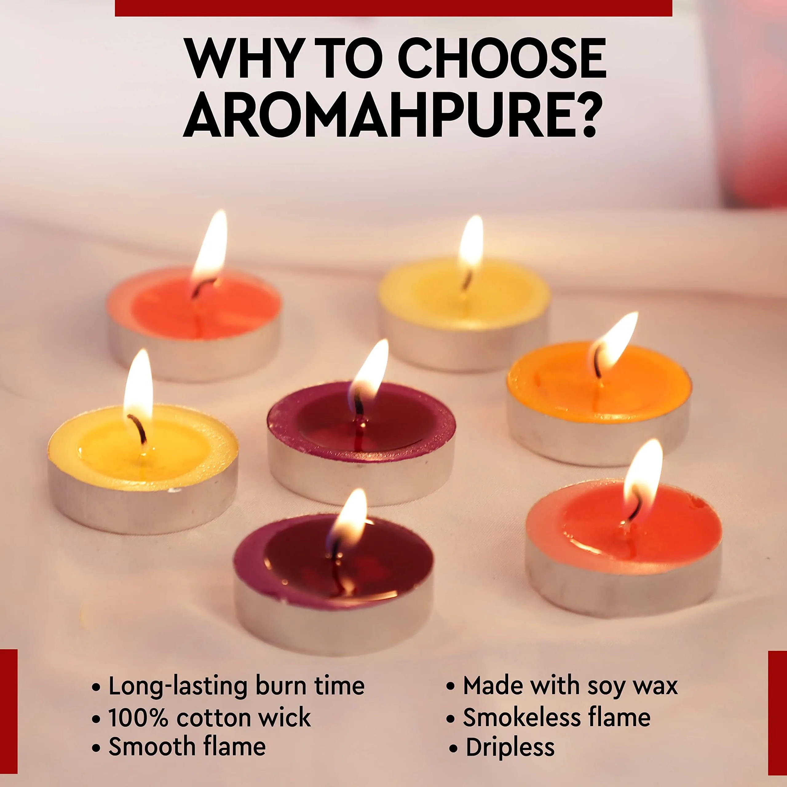 Aromahpure Scented Decorative Tealight Candles | Soy Wax Tealight Candle | 10 gm, 100 Pcs |Assorted Smokeless Candles | 4 Hours Burning Time Guaranteed | for Home Decoration & Celebration