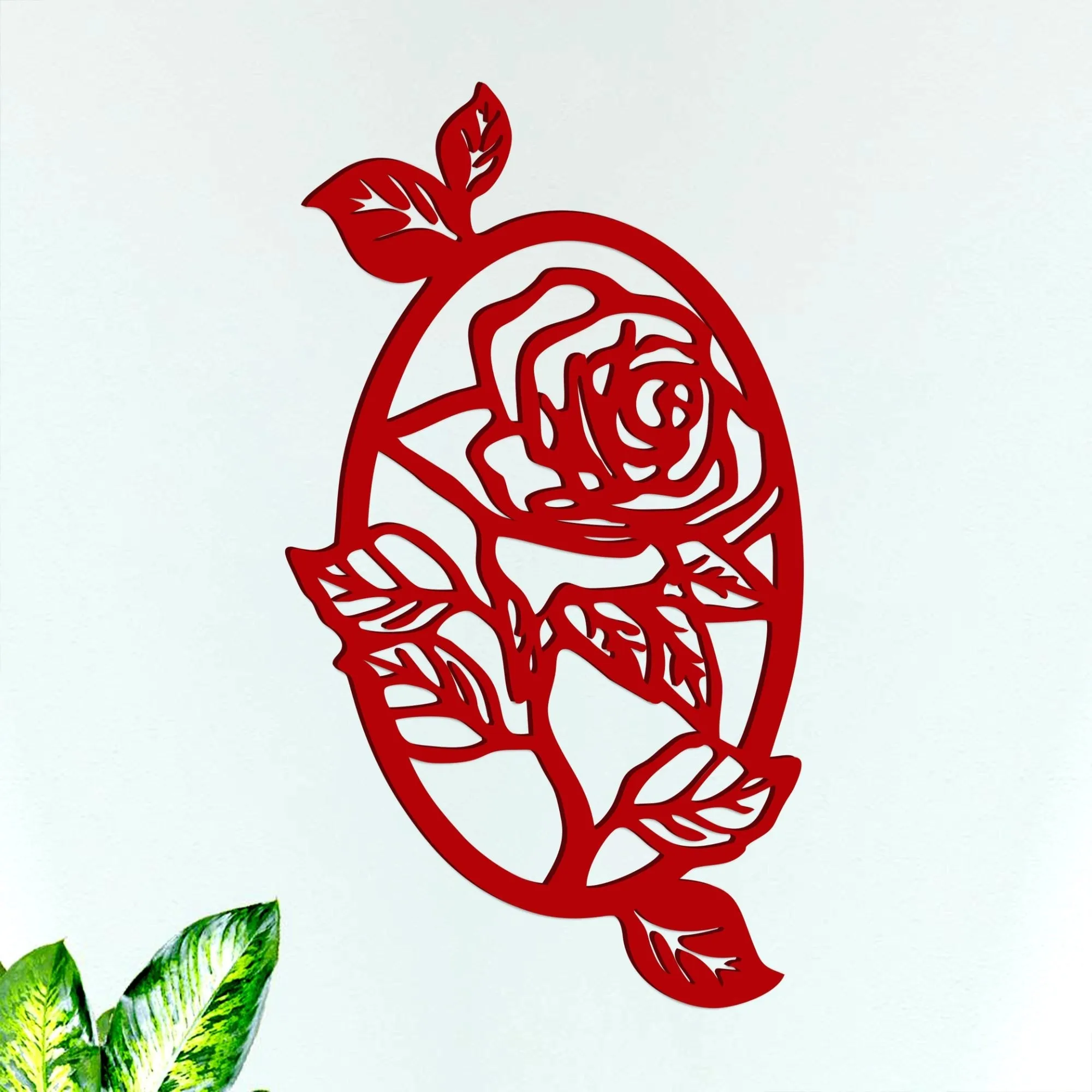 Beautiful Red Rose in Oval Shape Design Premium Quality Wooden Wall Hanging