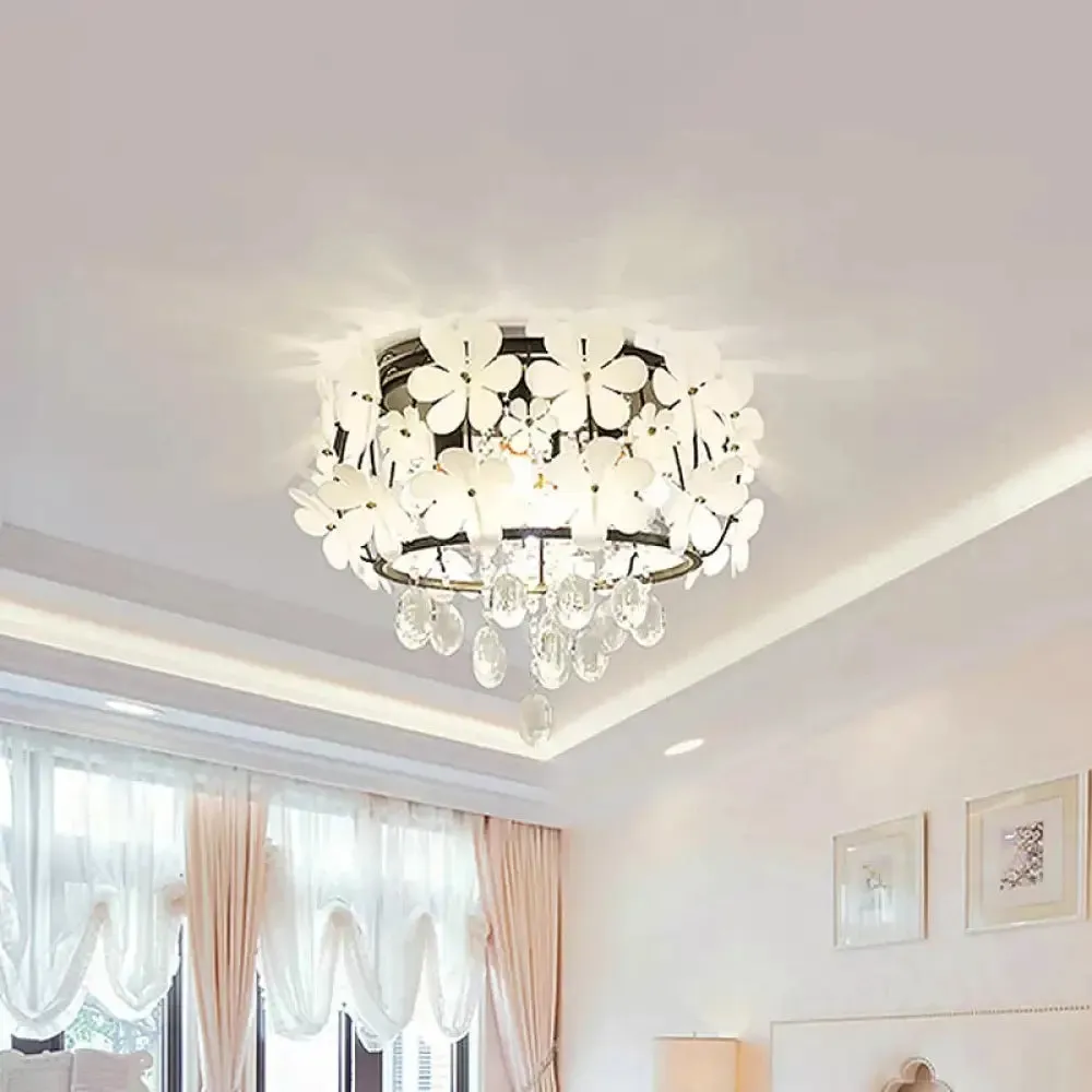 Black Drum Flush Mount Light with Nordic K9 Crystal Ball and Petal Decoration - Bedroom Ceiling Lamp (4/6-Bulb)