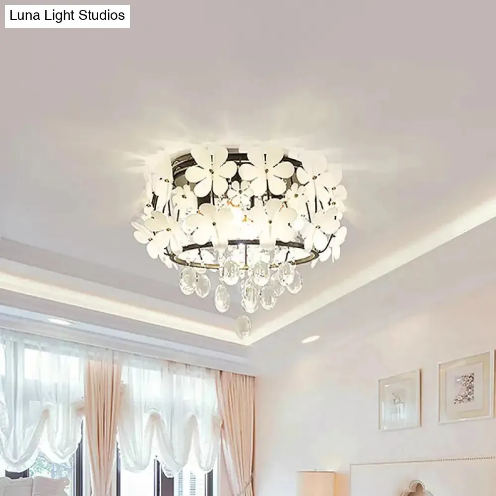 Black Drum Flush Mount Light with Nordic K9 Crystal Ball and Petal Decoration - Bedroom Ceiling Lamp (4/6-Bulb)