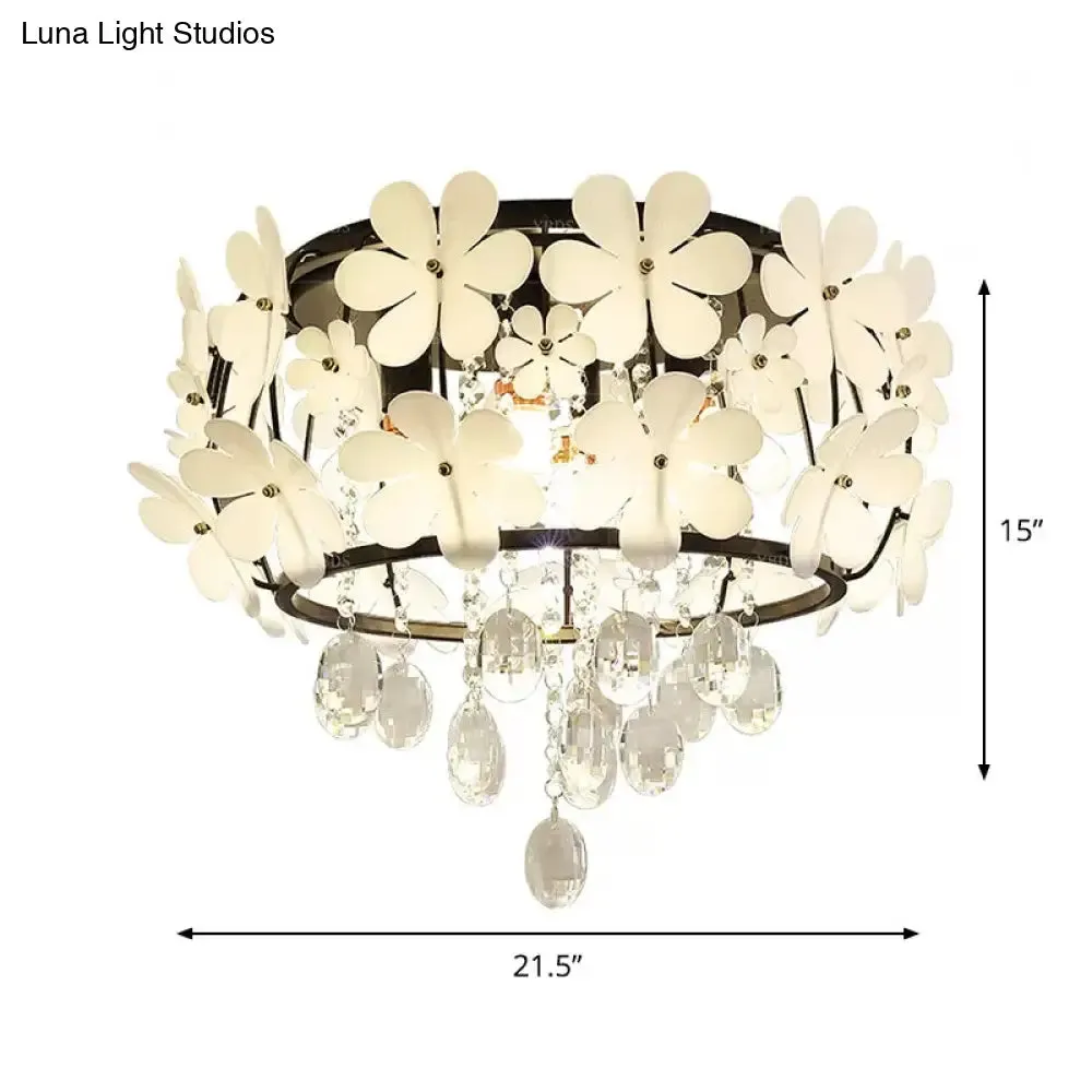 Black Drum Flush Mount Light with Nordic K9 Crystal Ball and Petal Decoration - Bedroom Ceiling Lamp (4/6-Bulb)