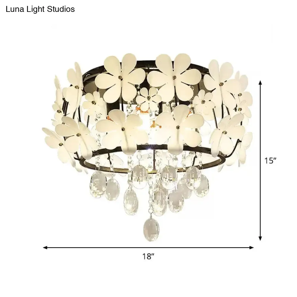 Black Drum Flush Mount Light with Nordic K9 Crystal Ball and Petal Decoration - Bedroom Ceiling Lamp (4/6-Bulb)