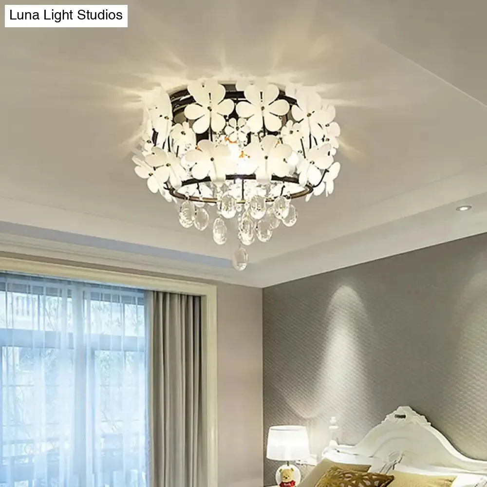 Black Drum Flush Mount Light with Nordic K9 Crystal Ball and Petal Decoration - Bedroom Ceiling Lamp (4/6-Bulb)