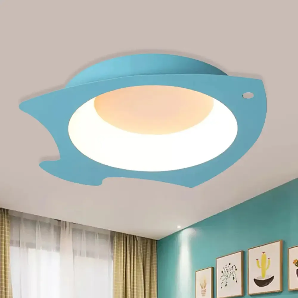 Blue Fish Flush Mount LED Ceiling Light for Kids Bedroom - Cartoon Style with Warm/White Light