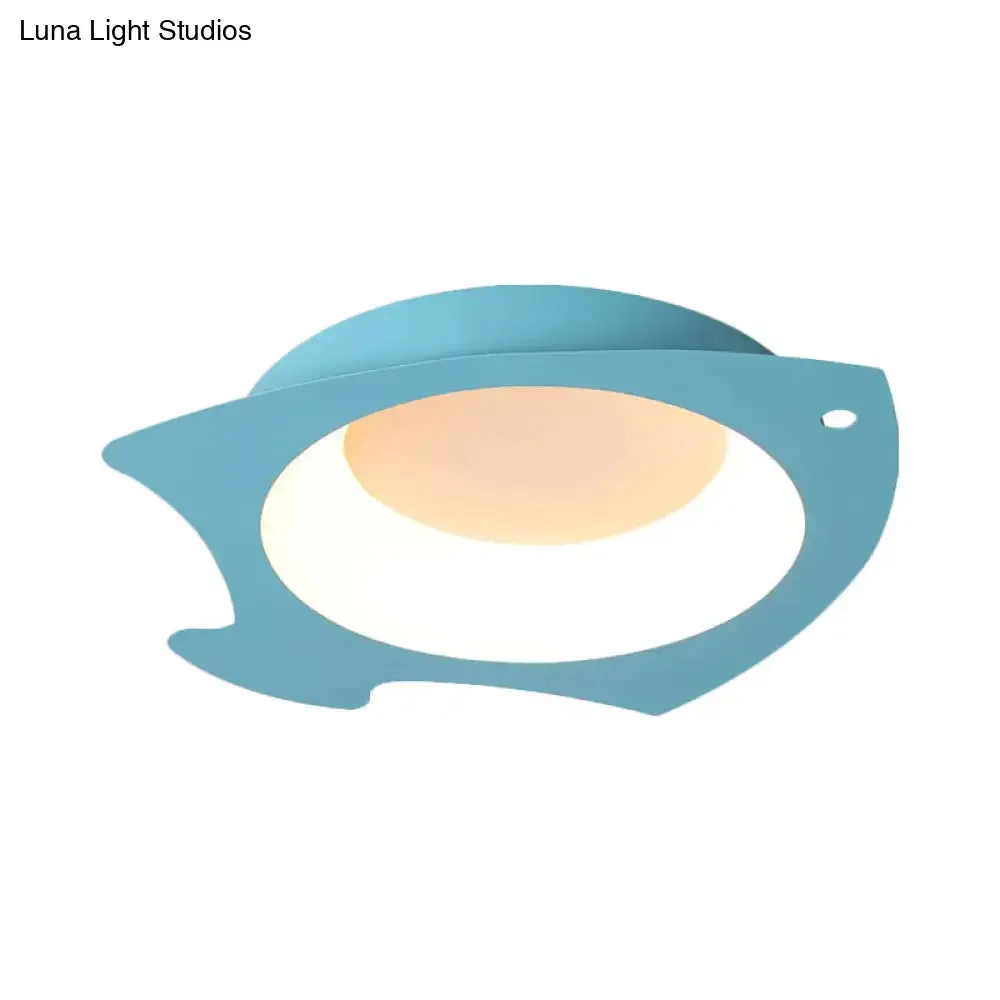 Blue Fish Flush Mount LED Ceiling Light for Kids Bedroom - Cartoon Style with Warm/White Light