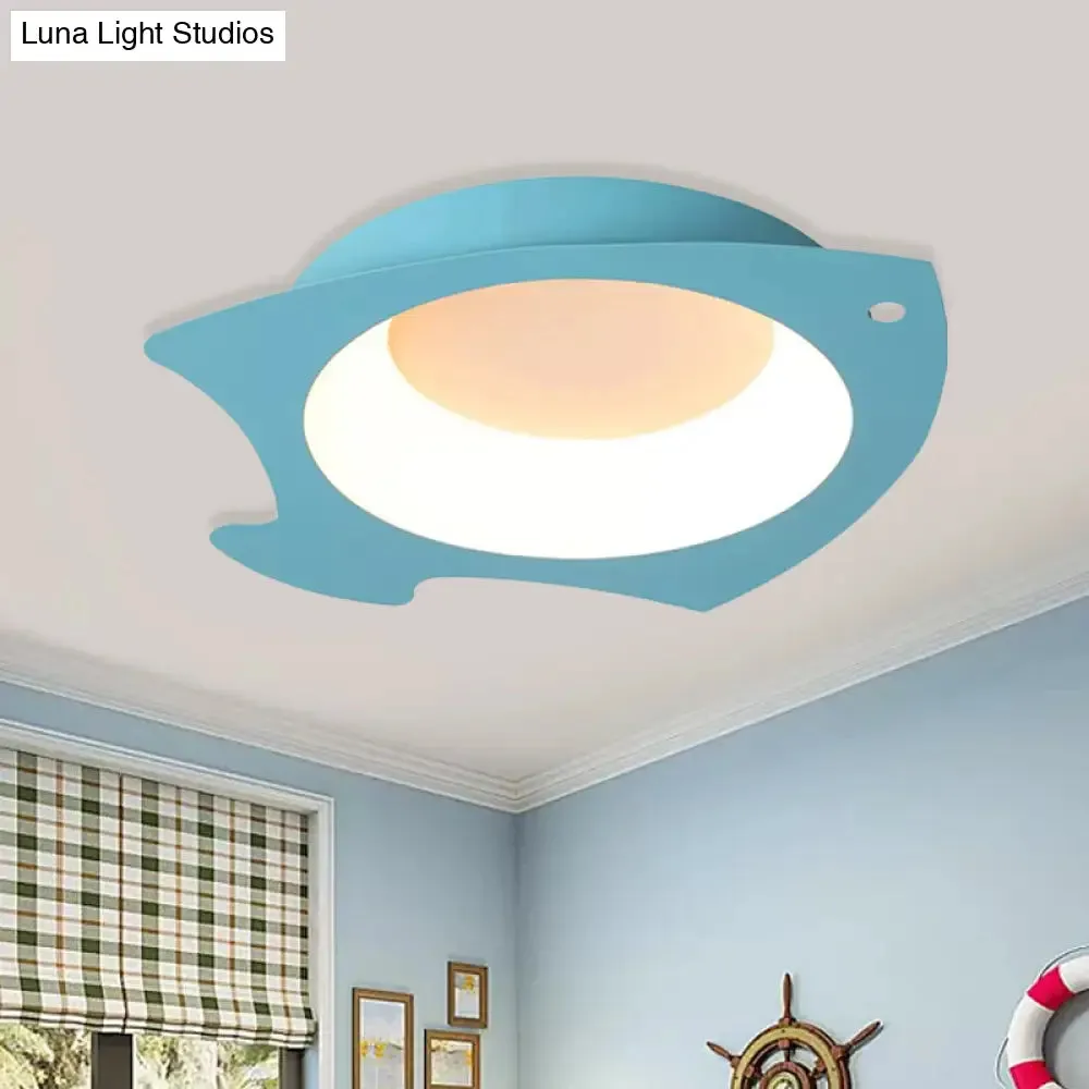 Blue Fish Flush Mount LED Ceiling Light for Kids Bedroom - Cartoon Style with Warm/White Light