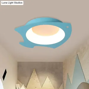 Blue Fish Flush Mount LED Ceiling Light for Kids Bedroom - Cartoon Style with Warm/White Light