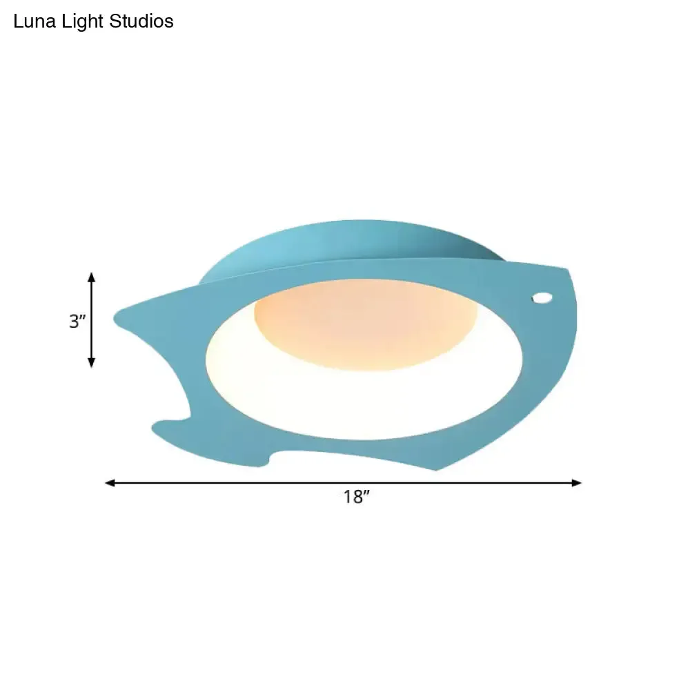 Blue Fish Flush Mount LED Ceiling Light for Kids Bedroom - Cartoon Style with Warm/White Light