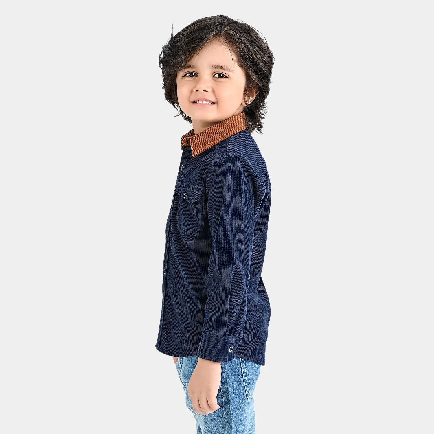 Boys Corduroy Casual Shirt F/S (Contrast Collar)-Blue