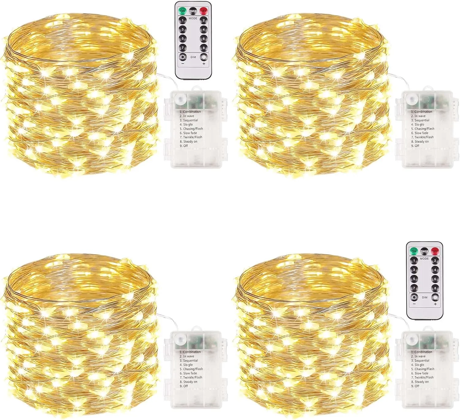 Bulk 4 Packs 33FT 100 LED Fairy Lights Battery Operated with Remote & Timer Waterproof Christmas Holiday Wholesale