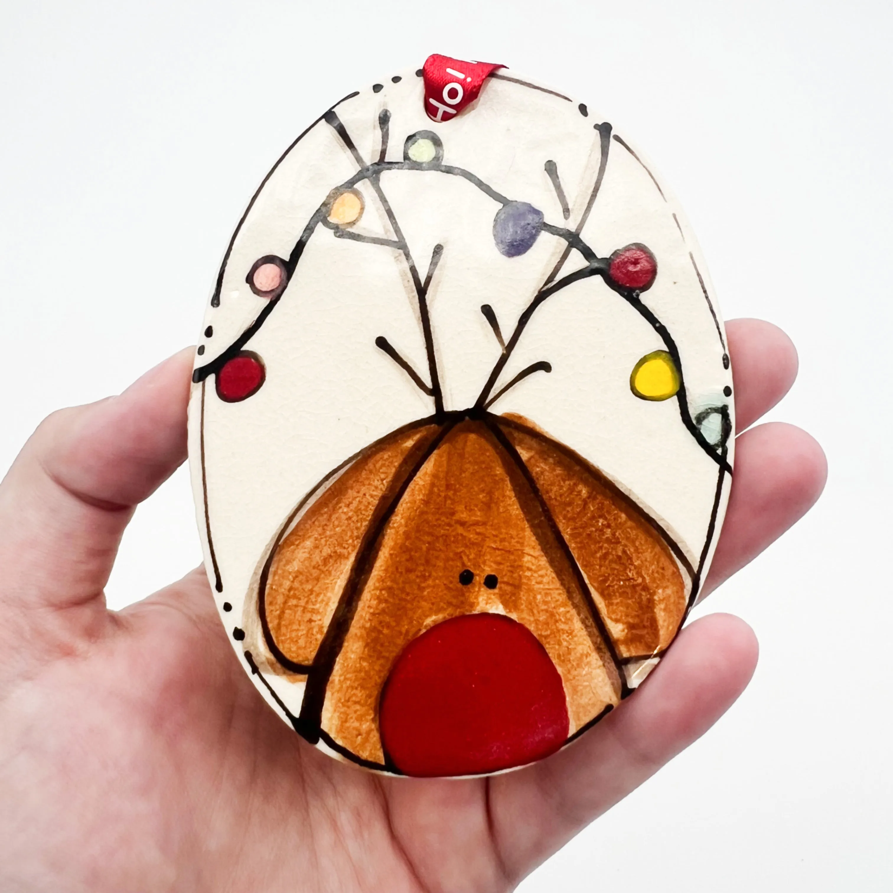 Ceramic Oval Reindeer Lights Ornament