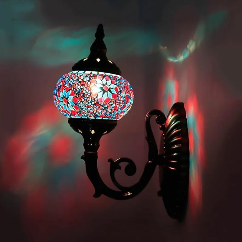 Colorful Stained Glass Orb Wall Sconce: Single Head Bedroom Light in Red/Orange/Blue