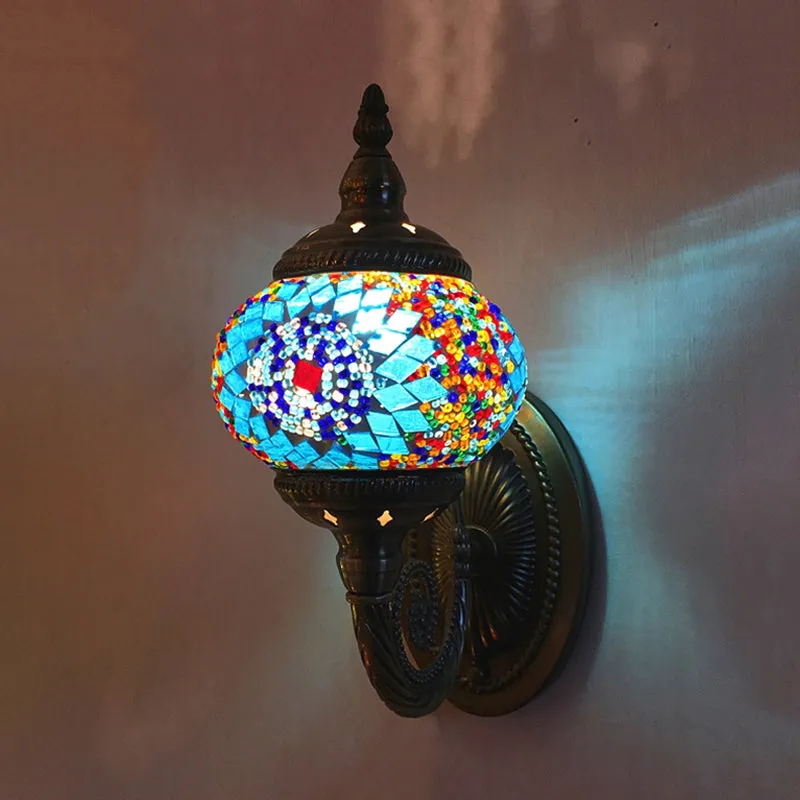 Colorful Stained Glass Orb Wall Sconce: Single Head Bedroom Light in Red/Orange/Blue