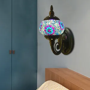 Colorful Stained Glass Orb Wall Sconce: Single Head Bedroom Light in Red/Orange/Blue