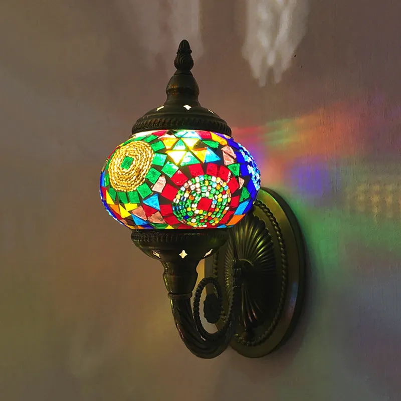 Colorful Stained Glass Orb Wall Sconce: Single Head Bedroom Light in Red/Orange/Blue