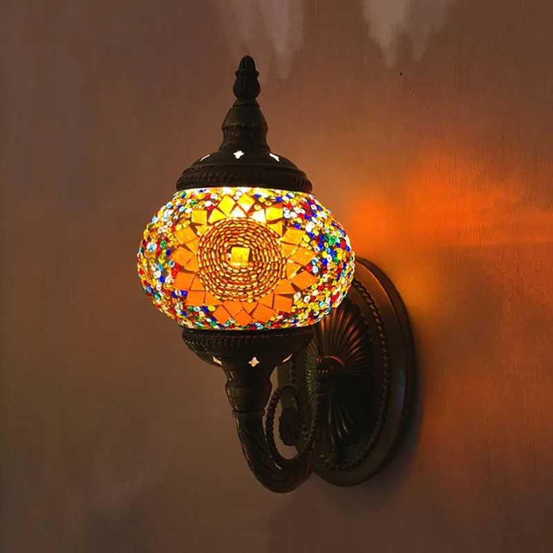 Colorful Stained Glass Orb Wall Sconce: Single Head Bedroom Light in Red/Orange/Blue