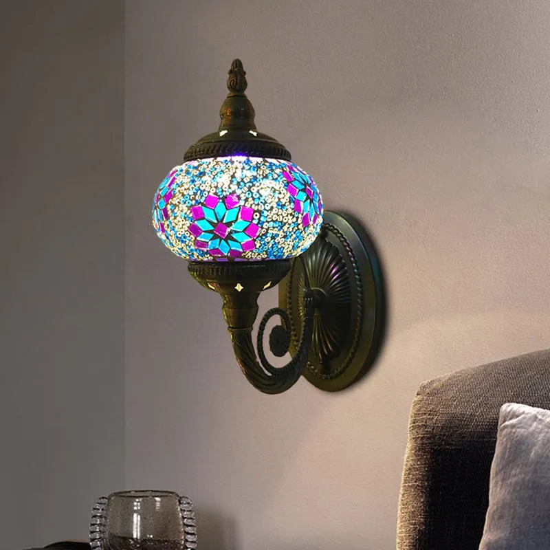 Colorful Stained Glass Orb Wall Sconce: Single Head Bedroom Light in Red/Orange/Blue