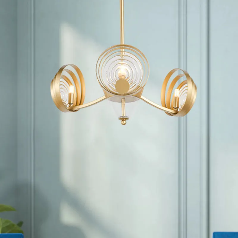 Contemporary Gold Crystal Pendant Chandelier with Swirling Design - 3-Head - Ideal for Living Room