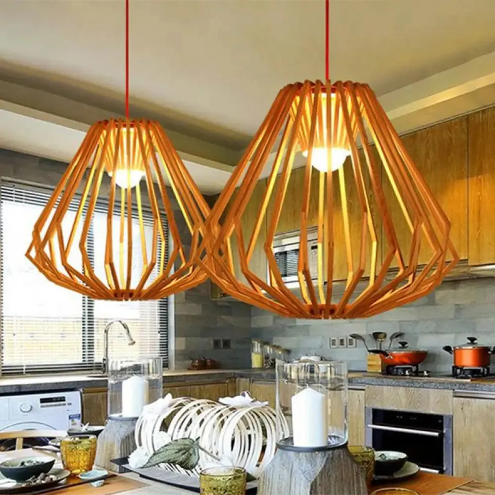 Diamond Cafe Pendant Light - Asian Style Wood Suspension, 1 Head - Beige