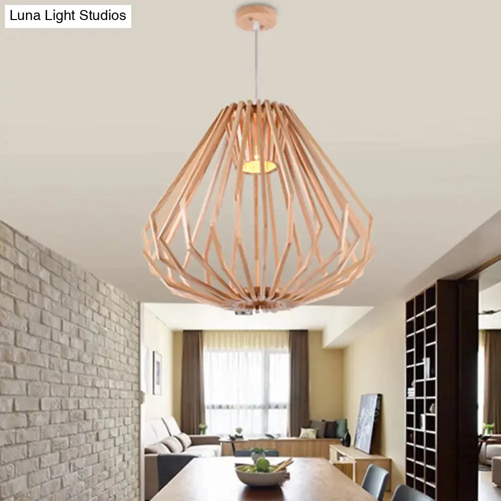 Diamond Cafe Pendant Light - Asian Style Wood Suspension, 1 Head - Beige