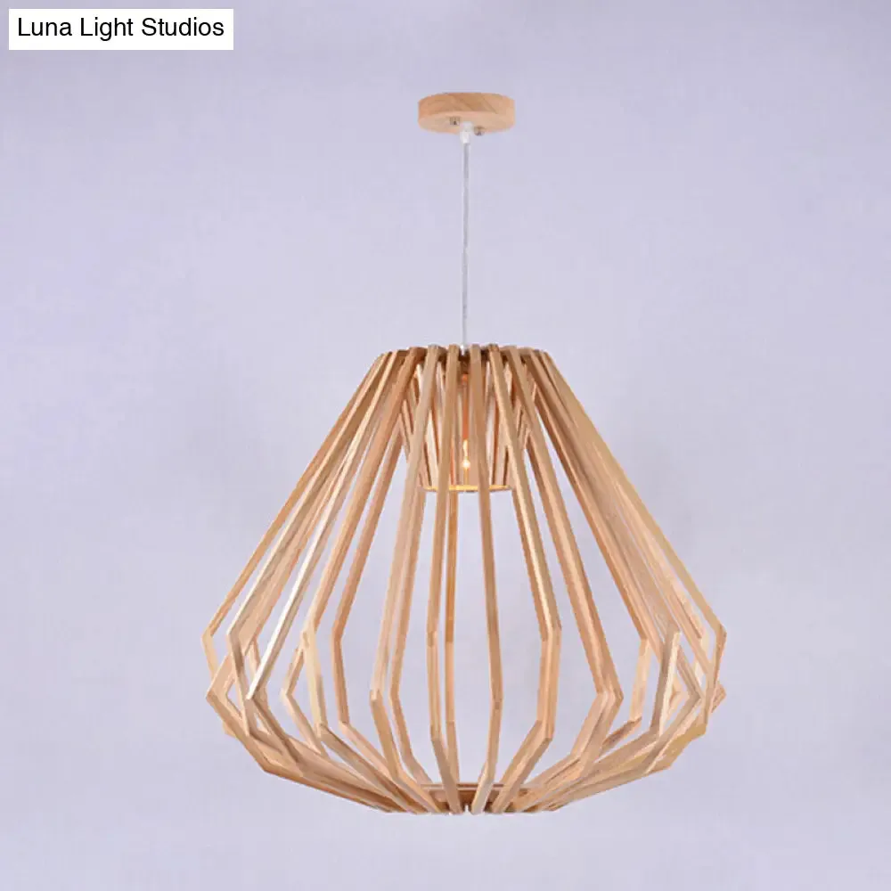 Diamond Cafe Pendant Light - Asian Style Wood Suspension, 1 Head - Beige