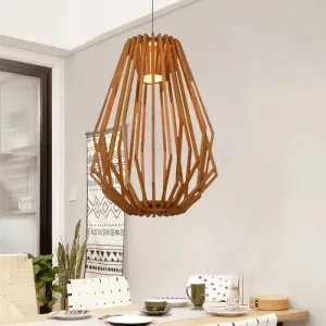 Diamond Cafe Pendant Light - Asian Style Wood Suspension, 1 Head - Beige