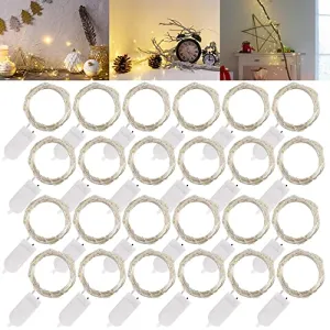 Fairy String Lights - Battery Operated - 20 LED 6.5ft Waterproof Silver Wire Firefly Lights - Warm White - 24 Pack