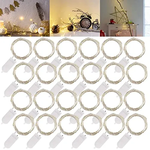 Fairy String Lights - Battery Operated - 20 LED 6.5ft Waterproof Silver Wire Firefly Lights - Warm White - 24 Pack