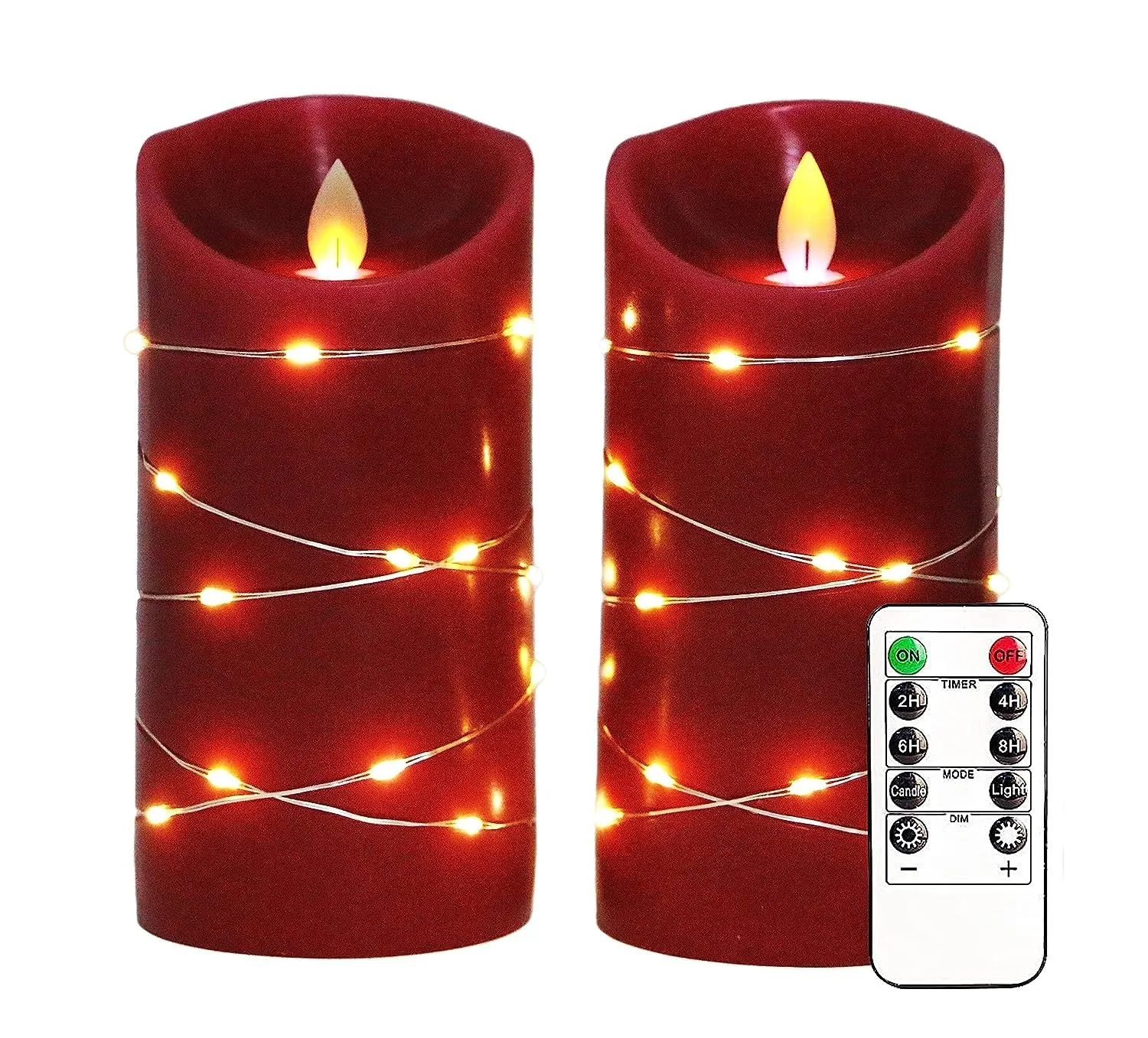 GLODD Flame Less Battery Operated in Build String Lights Real Wax Red LED Candle, Set of 2(D3 3" x H6 6") Candles with Remote for Home Decorations, Festivals, Weddings, Gifts and Other Occasions