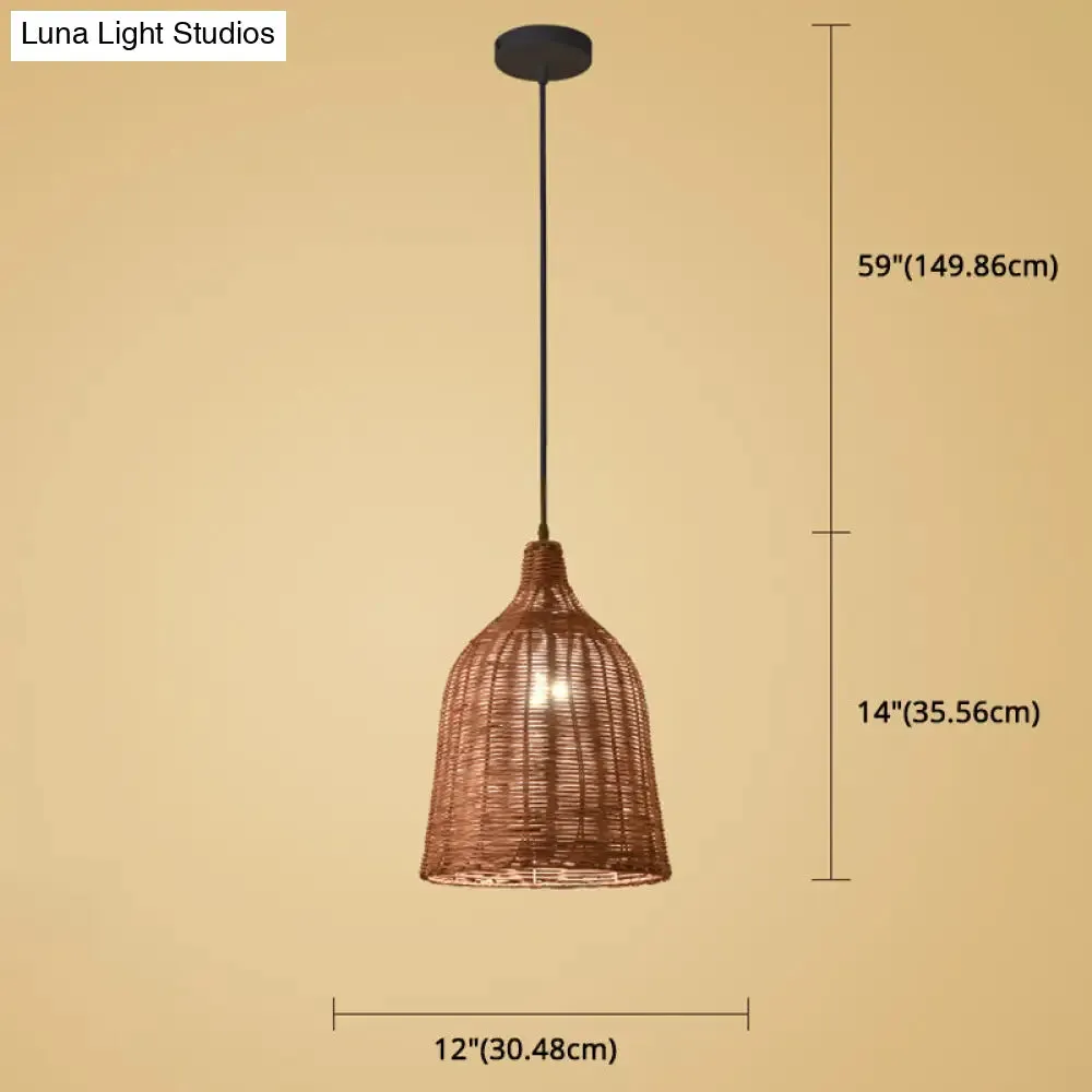 Hand-Woven Bamboo Bell-Shaped Pendant Light with Asian Rattan Shade and 59" Hanging Wire