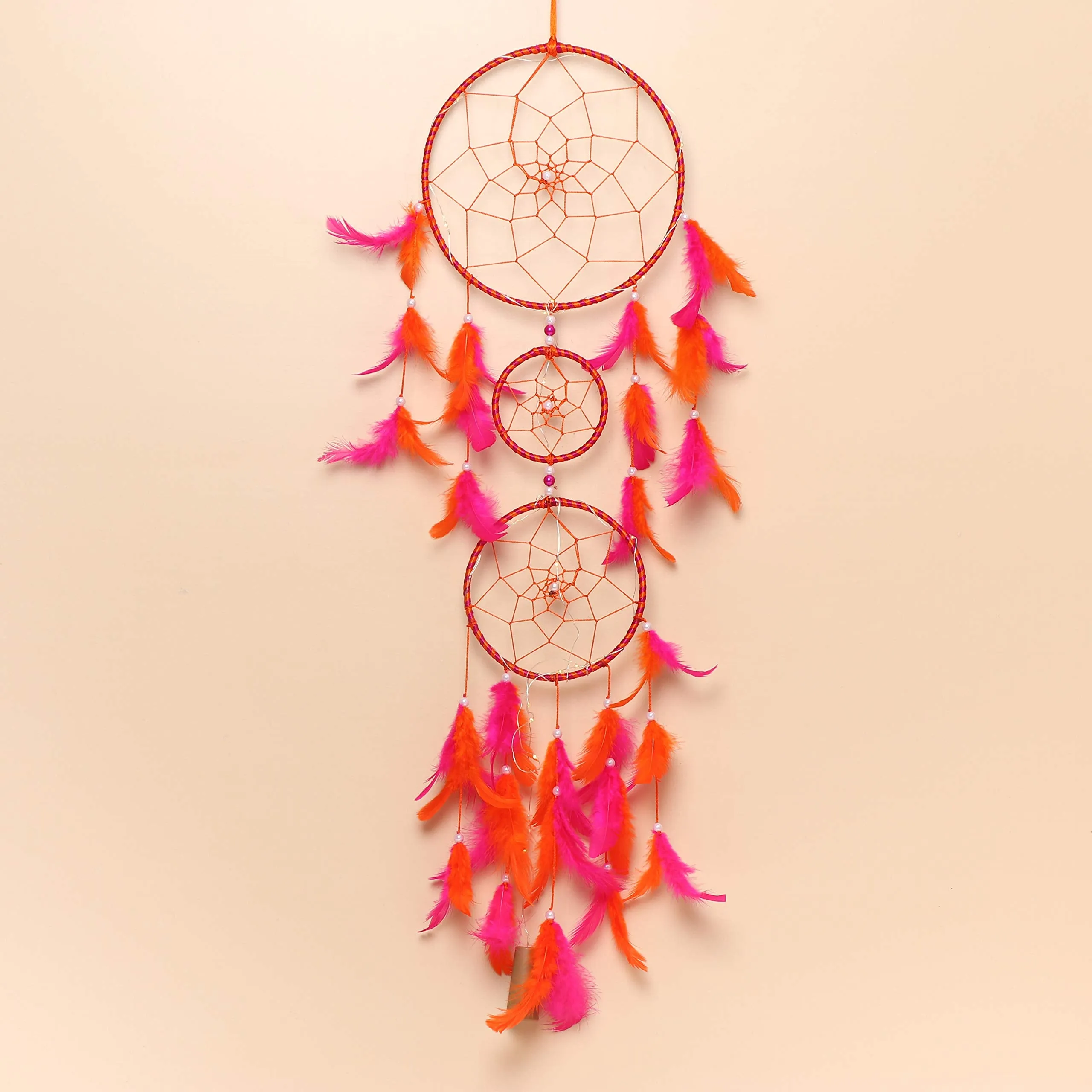 ILU Dream Catcher with Lights, Wall Hangings, Crafts, Home Decor, Bedroom - Orange & Pink Feathers (17 cm Diameter)